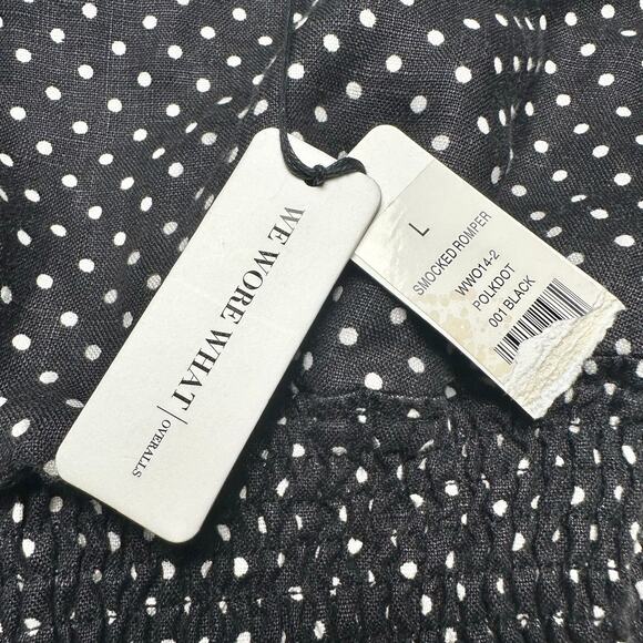 WeWoreWhat | Women | 100% Linen Black Polka Dot Smocked Short Romper | Large - Picture 11 of 16